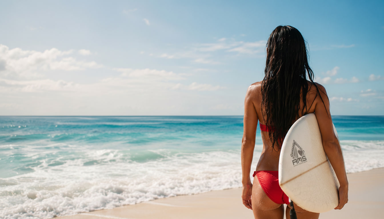 Una surfista con tabla en Playa Delfines, Cancún.